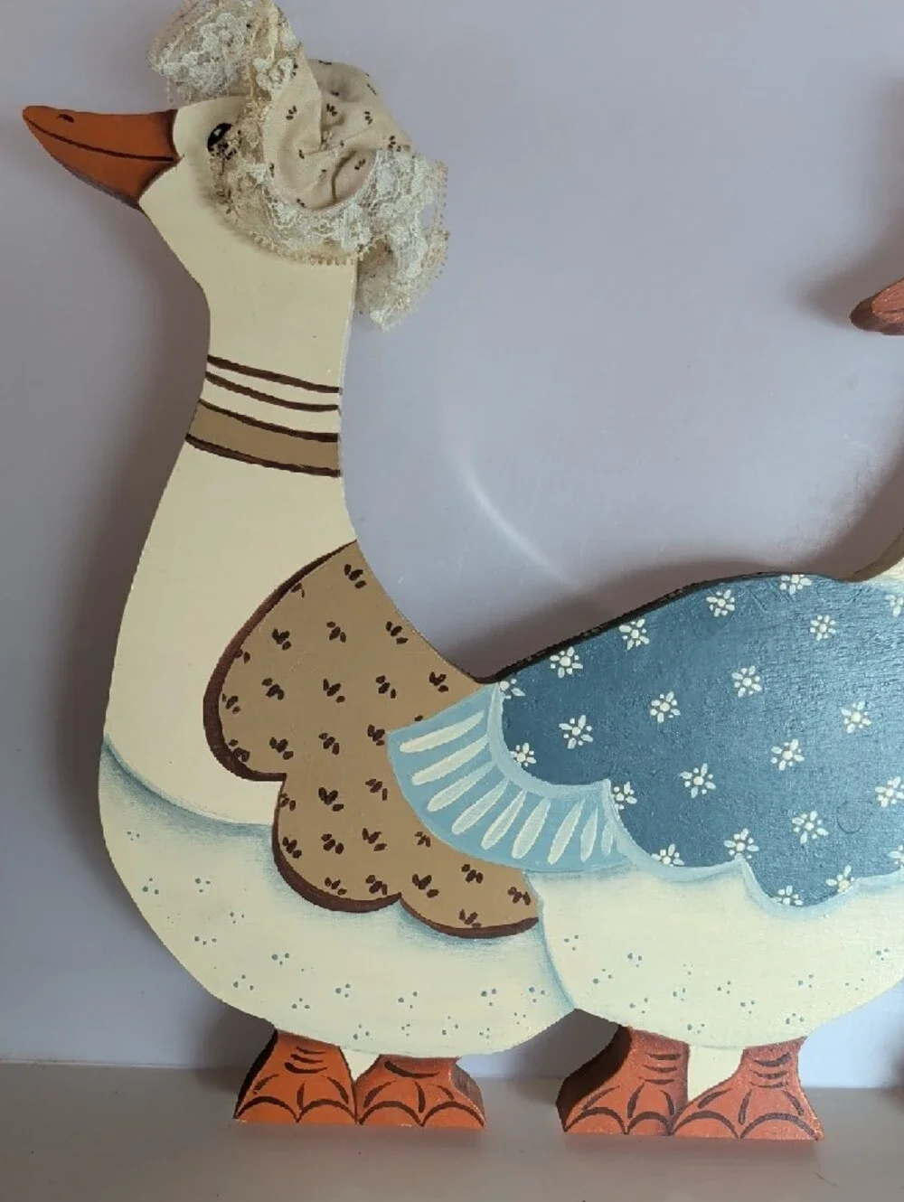 2 Wooden Decorative Ducks / Geese Wall Decor, Blue, Brown and Tan.